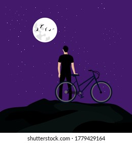 Night walk guy under the stars on a bike under the moon. Purple sky with stars.