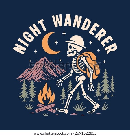 Night Wanderer – Retro Camping Skeleton Illustration