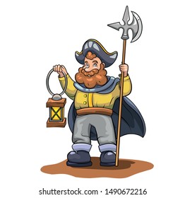 Night watchman vector drawing. A man with a lantern and a halberd