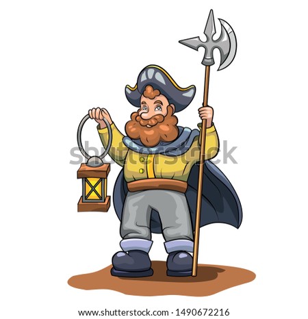Night watchman vector drawing. A man with a lantern and a halberd