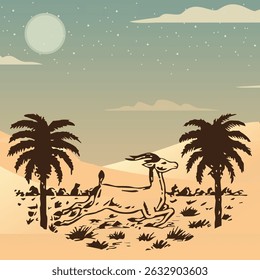 night Watercolor Sahara desert landscape with deer. Wild nature tour. Original artwork for banner, cards, interior and canvas.