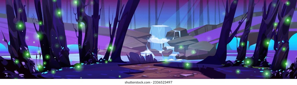 Night waterfall in magic forest cartoon vector landscape. Enchanted cascade water flow near tree and firefly glow. Path to lake above moonlight in park. Fantasy nature environment location with nobody