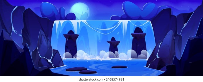 Night waterfall scenery. Vector cartoon illustration river falling down mountain stone cascade in lake, full moon and stars glowing in cloudy dark sky, rocky landscape, beautiful midnight scenery