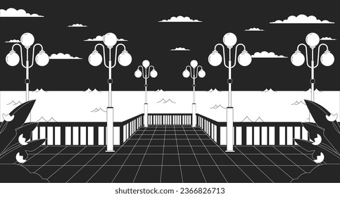 Night waterfront with streetlights black and white lo fi aesthetic wallpaper. Nighttime city quay, glowing lampposts outline 2D vector cartoon cityscape illustration, monochrome lofi background