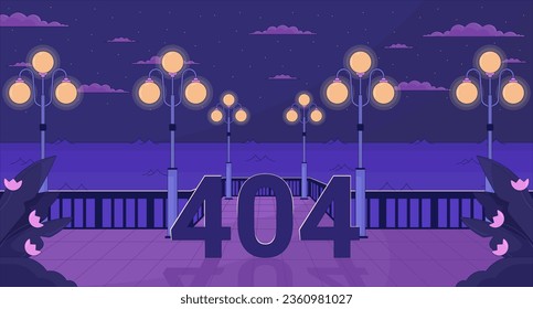 Night waterfront streetlights error 404 flash message. City quay, lampposts. Website landing page ui design. Not found cartoon image, dreamy vibes. Vector flat illustration with 90s retro background