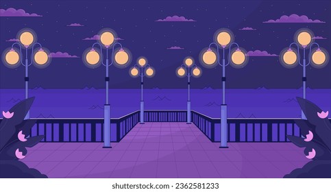 Night waterfront with streetlights lo fi aesthetic wallpaper. Nighttime city quay, glowing lampposts 2D vector cartoon cityscape illustration, purple lofi background. 90s retro album art, chill vibes