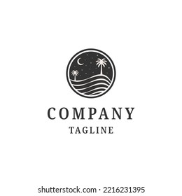 Night waves, palm tree logo with round style design template flat vector illustration