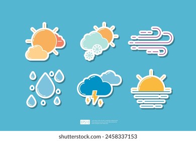 Night Weather, Cloud Moon Night and Heavy Rain Drops, Wind Blow Flowing, Sunrise Horizon and Sea Water. Weather Icons Collection Set Vector illustration