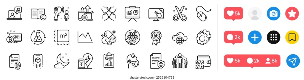 Clima nocturno, termómetro Electrónica y paquete de iconos de línea de gráfico de líneas. Iconos de redes sociales. Ratón de computadora, realidad aumentada, ícono de Web de experimento de química. Vector