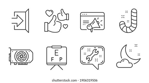 Night weather, Gpu and Exit line icons set. Seo marketing, Spanner and Candy signs. Like, Vision board symbols. Sleep, Graphic card, Escape. Business set. Quality line icons. Vector