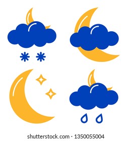 Night weather icons set isolated on white background. Flat and outline style vector illustration.