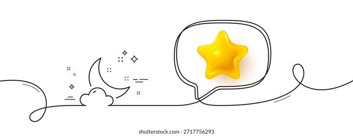 Icono de línea de Clima nocturno. Línea continua con estrella 3D. Luna con signo de nube. Símbolo del sueño. Estrella 3D en la burbuja del discurso. Cinta de una sola línea de Clima nocturno. Patrón de curva de bucle. Vector
