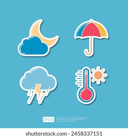 Night Weather with Moon and Cloud, Umbrella, Lightning Rainy season, Summer Temperature Thermometer. Weather Icons Collection Set Vector illustration