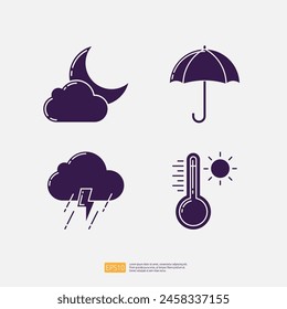 Night Weather with Moon and Cloud, Umbrella, Lightning Rainy season, Summer Temperature Thermometer. Weather Icons Collection Set Vector illustration