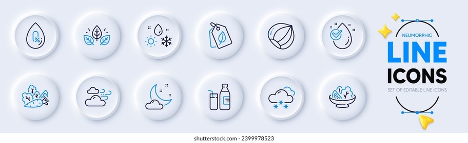 Night weather, Salad and Hazelnut line icons for web app. Pack of Vegetables, Organic tested, Milk pictogram icons. Weather, Water drop, Bio tags signs. No alcohol. Sleep, Lettuce. Vector