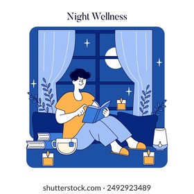 Concepto de bienestar nocturno. Acogedora rutina de la noche con lectura, té y velas. Ambiente relajante para el cuidado personal. Ilustración vectorial.