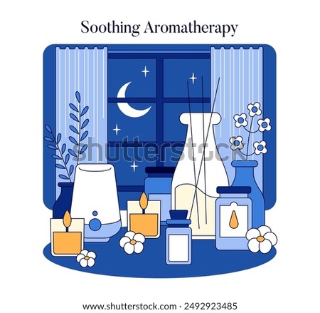 Night wellness concept. An evening aromatherapy session with candles, essential oils, and a diffuser by the moonlit window. Vector illustration.