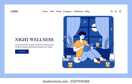 Night Wellness concept. Person relaxing at home by reading a book with a cozy window view. Self-care evening routine with book and candles. Vector illustration.