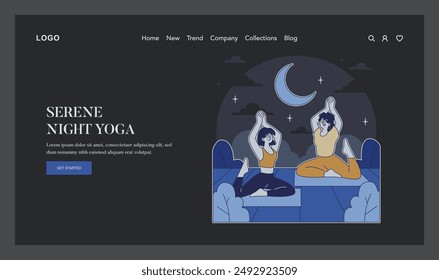 Night wellness concept. Two people practice yoga poses under a crescent moon, portraying tranquility and mental health care. Relaxation through meditation. Vector illustration.
