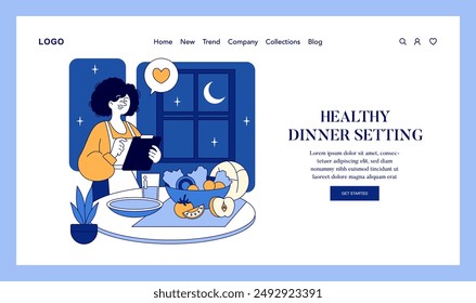 Night Wellness concept. Woman enjoys a healthy meal by moonlight, embracing a balanced lifestyle. Serene home dinner scene with natural elements. Vector illustration.