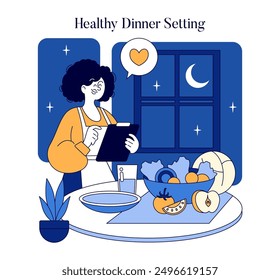 Night Wellness concept. Woman enjoys a healthy meal by moonlight, reflecting on her digital planner. Peaceful evening nutrition routine. Vector illustration.