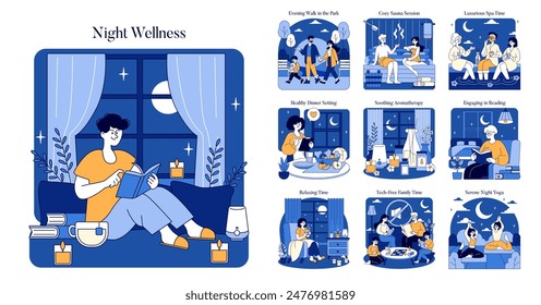 Night Wellness set. Evening relaxation activities for health and comfort. Family walks, aromatherapy, reading, spa, sauna, and yoga illustrations. Vector illustration.