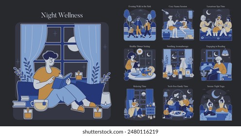 Conjunto de bienestar nocturno. Rutinas nocturnas de relajación y autocuidado. Lectura, tiempo en familia, caminatas, sauna, spa, aromaterapia y yoga nocturno. Ilustración vectorial.