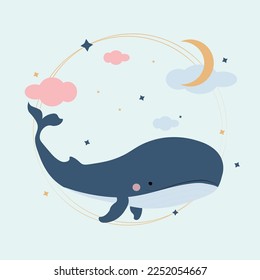 Night whale traveling through the sky among the clouds.