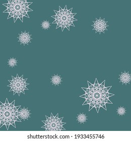 Night White Chaotic Pastel Wallpaper. Christmas Dark Light Pink Snowflakes Emerald Ornament. Luxury Green Cold Sharp Print Sky Wallpaper. Winter Stars Turquoise New Year Mandala Illustration.