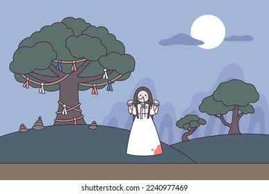 A night with a white moon. A ghost wearing a white hanbok stands in the mountain with a wooden shrine.