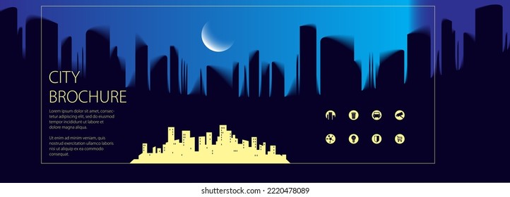 Night Wide Panorama Simple City Traveling Tourist Guide Book. Brochure, Flyer, Cover, Poster Or Guidebook Template. Vector Modern Illustration.