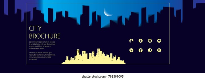 Night wide panorama simple minimalistic city skyline traveling tourist guide book. Brochure, flyer, cover, poster or guidebook template. Vector modern illustration.