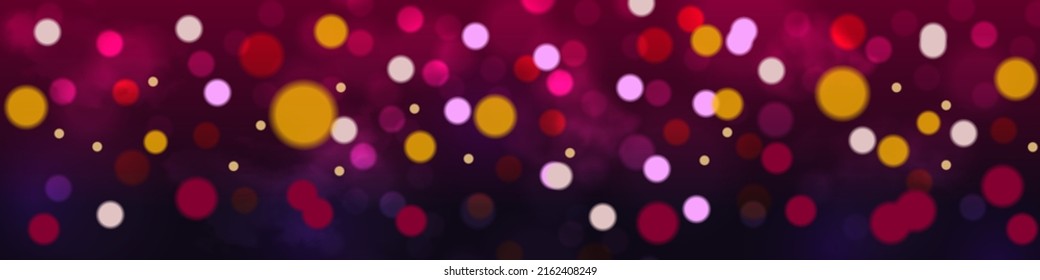 Night widescreen banner bokeh background. Defocused blurry light for holiday. Red abstract vector background.