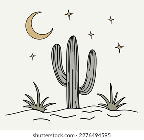 Noche en el salvaje oeste. Cactus, luna y estrellas. Estilo de caricatura minimalista