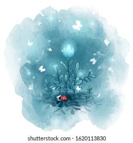 Night wildflowers under which a small ladybug sleeps. Postcard good night. Vector watercolor texture background.