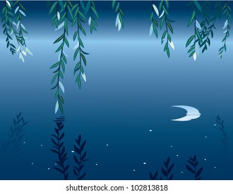 Night willow. The vector illustration of willow branches at night pond.