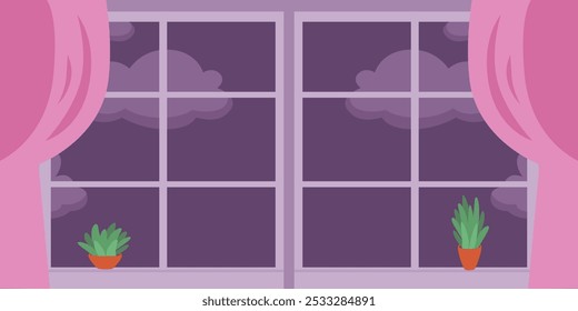 Night window with curtains in bedroom. Evening indoors view from living room to dark sky with clouds. Cozy cartoon vector illustration.