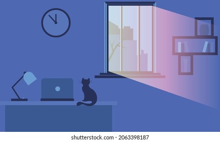 Night window ray of light with a cat sitting on the table with a laptop