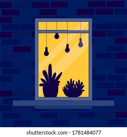 Night window with silhouette vector illustration cartoon flat design modern style 