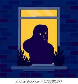 Night window with silhouette vector illustration cartoon flat design modern style 