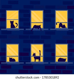 Night Window With Silhouette Vector Illustration Cartoon Flat Design Modern Style 