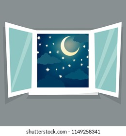 Night window view. Stary late evening scene. Clouds, moon, windowsill. Eps 10 vector cartoon flat style illustration.
