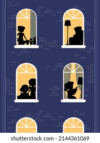Edificio de ventanas nocturnas con siluetas de personas ilustración