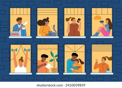 Night windows at home with people. Neighbors in apartments, building evening facade, house residents look into street, vector illustration.eps
