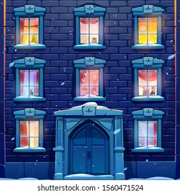 Night windows of house or castle with Christmas and New Year decoration, brick wall facade with solid wooden door, casements with paper snowflakes, garlands and fir tree. Cartoon vector illustration