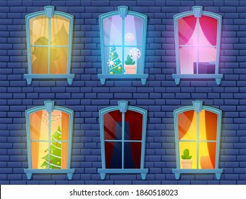 Night Windows House Castle With Christmas New Year Decoration. Wall Facade Casements With Christmas Windows. Christmas Windows In The Evening Of Christmas Or New Year. Vector Illustration