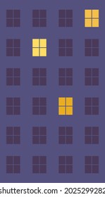 Night windows of multi-storey building, lights are on in three windows, rest of the windows are dark, Vertical background made of geometric shapes of different colors, Vector illustration flat design