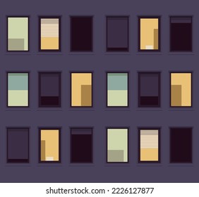 Night windows pattern house dark facade. Evening time residential apartment building striking exterior pattern, creation of modern urban space, elements of architectural design. Vector illustration