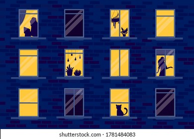 Night windows set with silhouettes vector illustration cartoon flat design modern style 