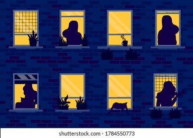 Night windows set with silhouettes vector illustration cartoon flat design modern style 